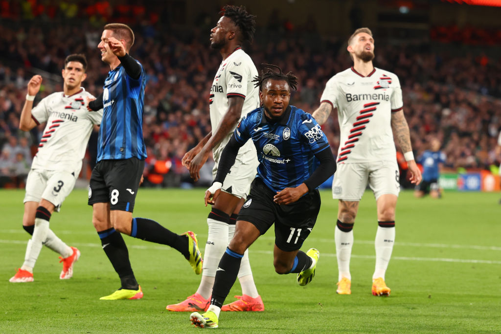 Ademola Lookman of Atalanta celebrates scoring a goal to make the score 3-0 during the UEFA Europa League 2023/24 final match between Atalanta BC and Bayer 04 Leverkusen at Dublin Arena on May 22, 2024 in Dublin, Ireland.(Photo by Chris Brunskill/Fantasista/Getty Images)