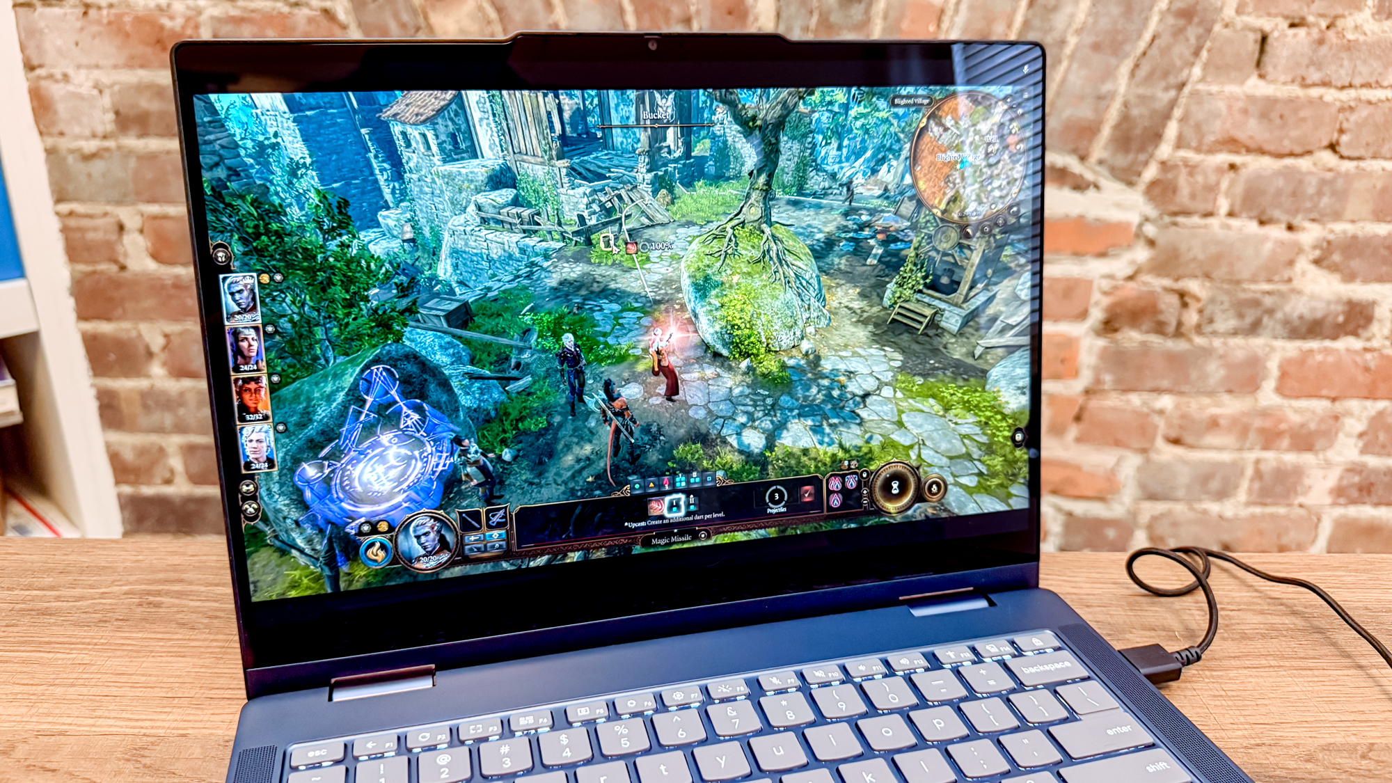 A closeup shot of the Lenovo Chromebook Plus 2-in-1 Gen 10's display while gaming