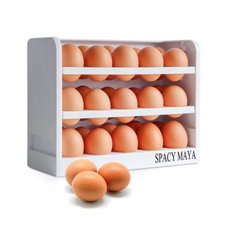 An egg storage box with multiple layers and eggs in it