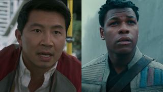 Shang-Chi (Simu Liu) looks at the road in Shang-Chi and the Legend of the Ten Rings, while Finn (John Boyega) looks ahead in Star Wars: The Rise of Skywalker