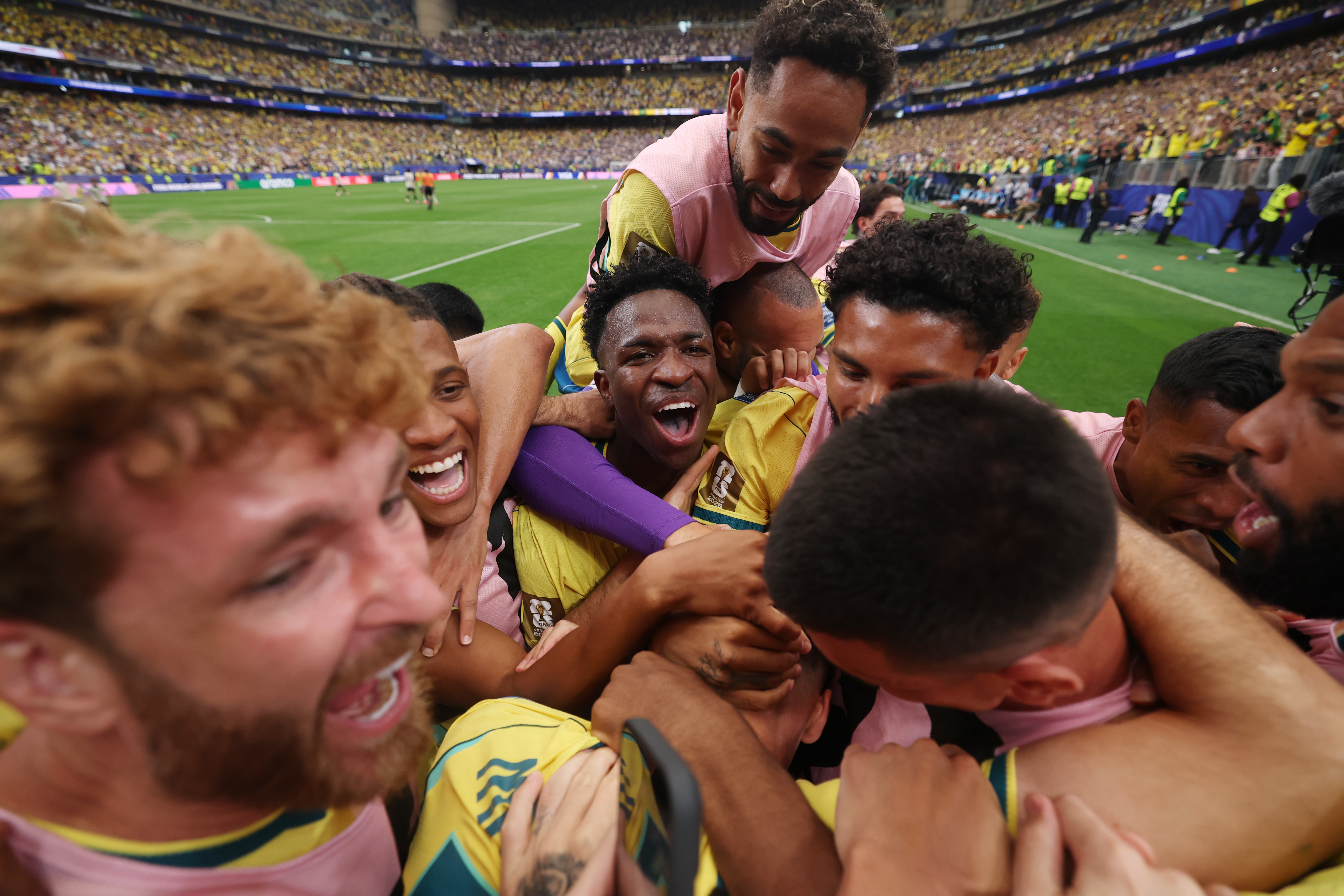 HOUSTON, TEXAS - JUNE 29: Gabriel Martinelli #22 of Brazil celebrates with teammates after scoring the team&amp;apos;s second goal during the FIFA World Cup 2026 Round Of 32 match between Brazil and Japan at Houston Stadium on June 29, 2026 in Houston, Texas. (Photo by Lars Baron/Getty Images)