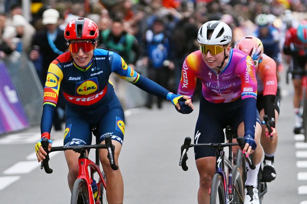 WEVELGEM BELGIUM MARCH 24 LR The second classified Elisa Balsamo of Italy and Team LidlTrek congratulates to race winner Lorena Wiebes of The Netherlands and Team SD WorxProtime after the 13rd GentWevelgem in Flanders Fields 2024 Womens Elite a 1712km one day race from Ieper to Wevelgem UCIWWT on March 24 2024 in Wevelgem Belgium Photo by Luc ClaessenGetty Images