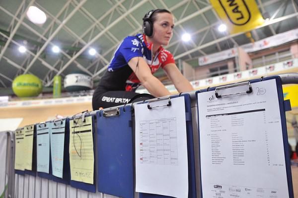 Victoria Pendleton (Great Britain) warms up for her keirin heat.