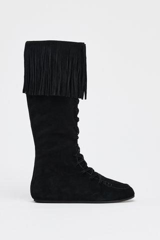 Fringed Lace-Up Split Suede Boots