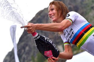 Annemiek Van Vleuten (Mitchelton-Scott) celebrates her win at the stage 7 time trial