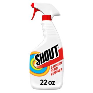 A side-on view of a white and red bottle of Shout laundry detergent