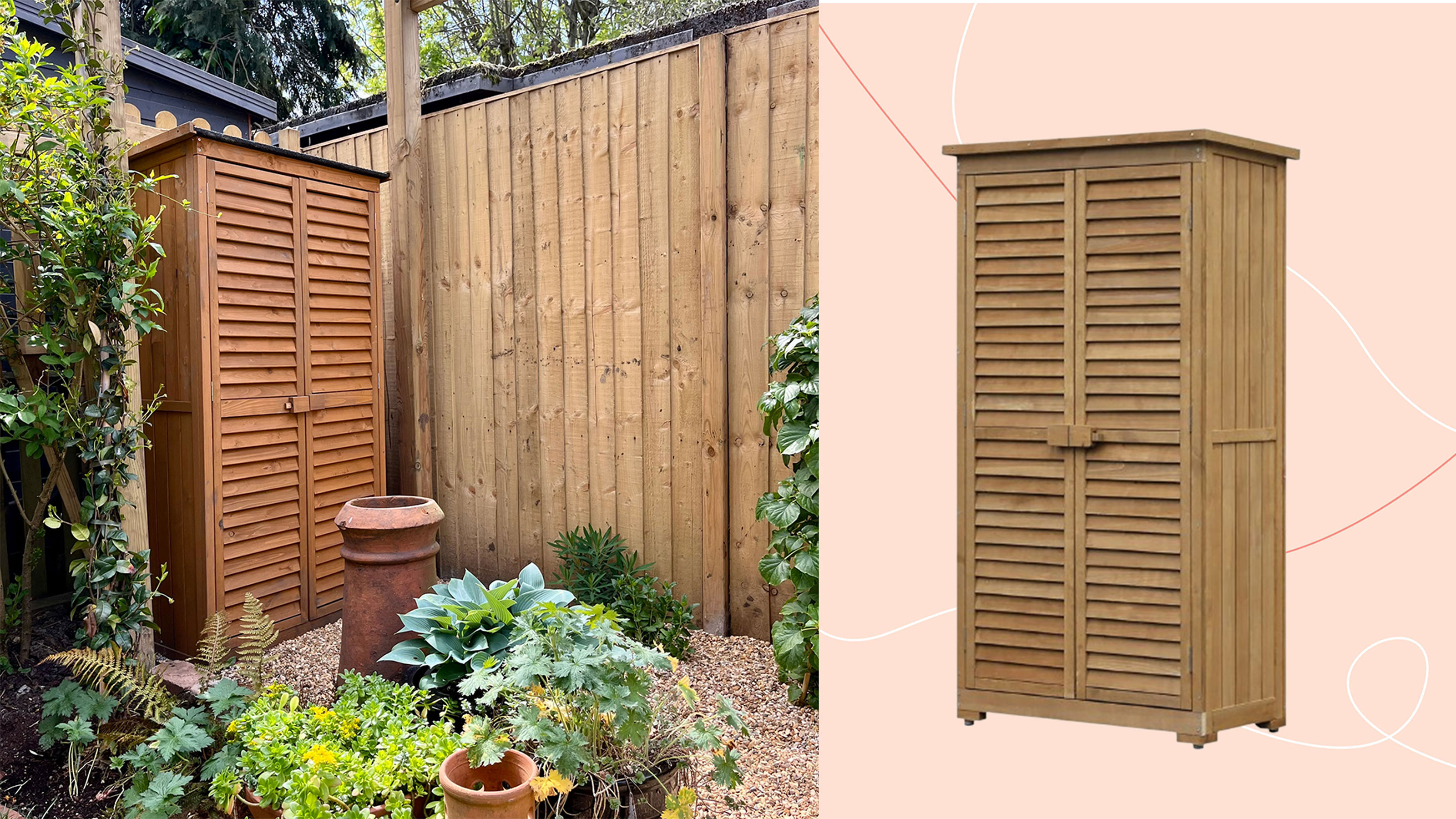 Wooden garden wardrobe in a garden with a wooden fence and pots filled with plants