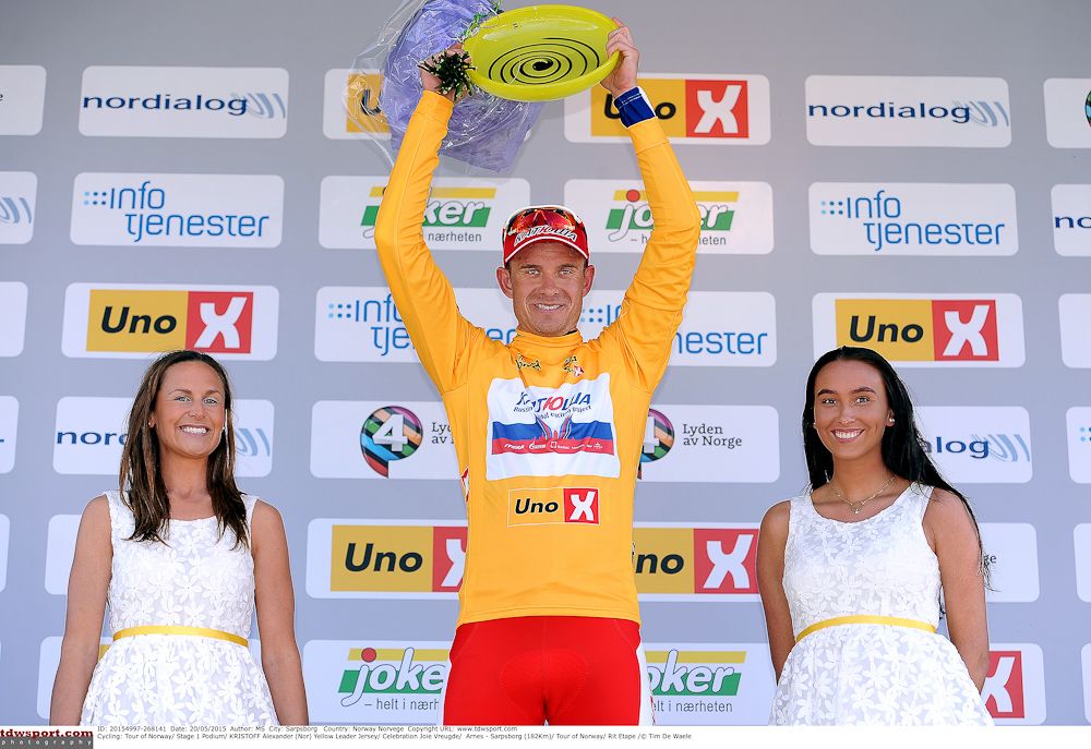 Kristoff on the podium in yellow.