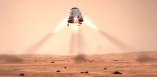 This still from a SpaceX mission concept video shows a Dragon space capsule landing on the surface of Mars. SpaceX's Dragon is a privately built space capsule to carry unmanned payloads, and eventually astronauts, into space.