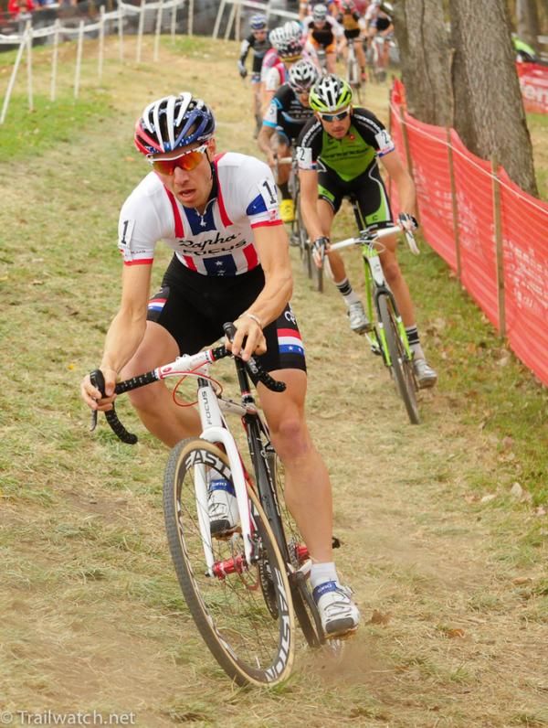 Jeremy Powers (Rapha Focus) leading a massive group early in the race