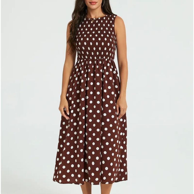FS Collection, Polka Dot Shirred Bodice Midi Dress