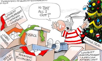 Political Cartoon U.S. Democrats Christmas Presents Economy Gains China Deal