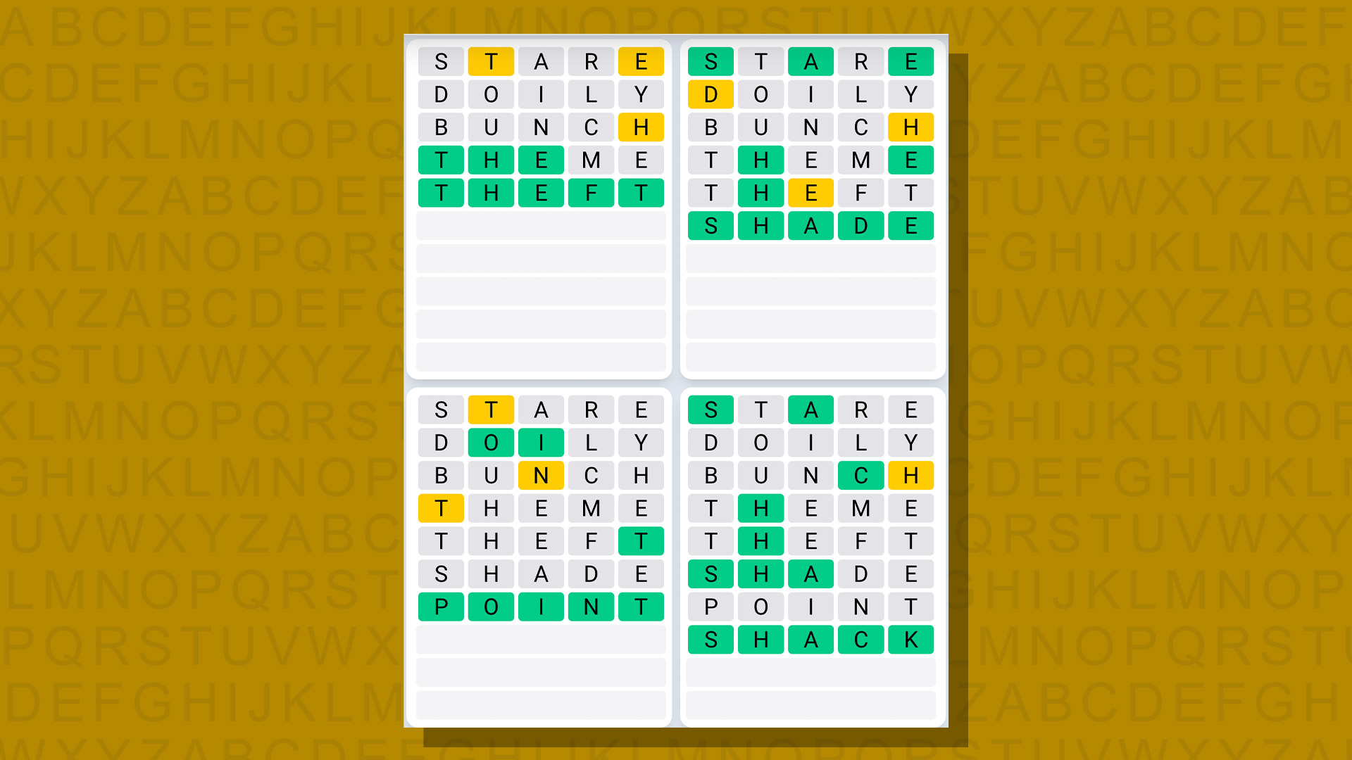 Quordle daily sequence answers for game 689 on a yellow background