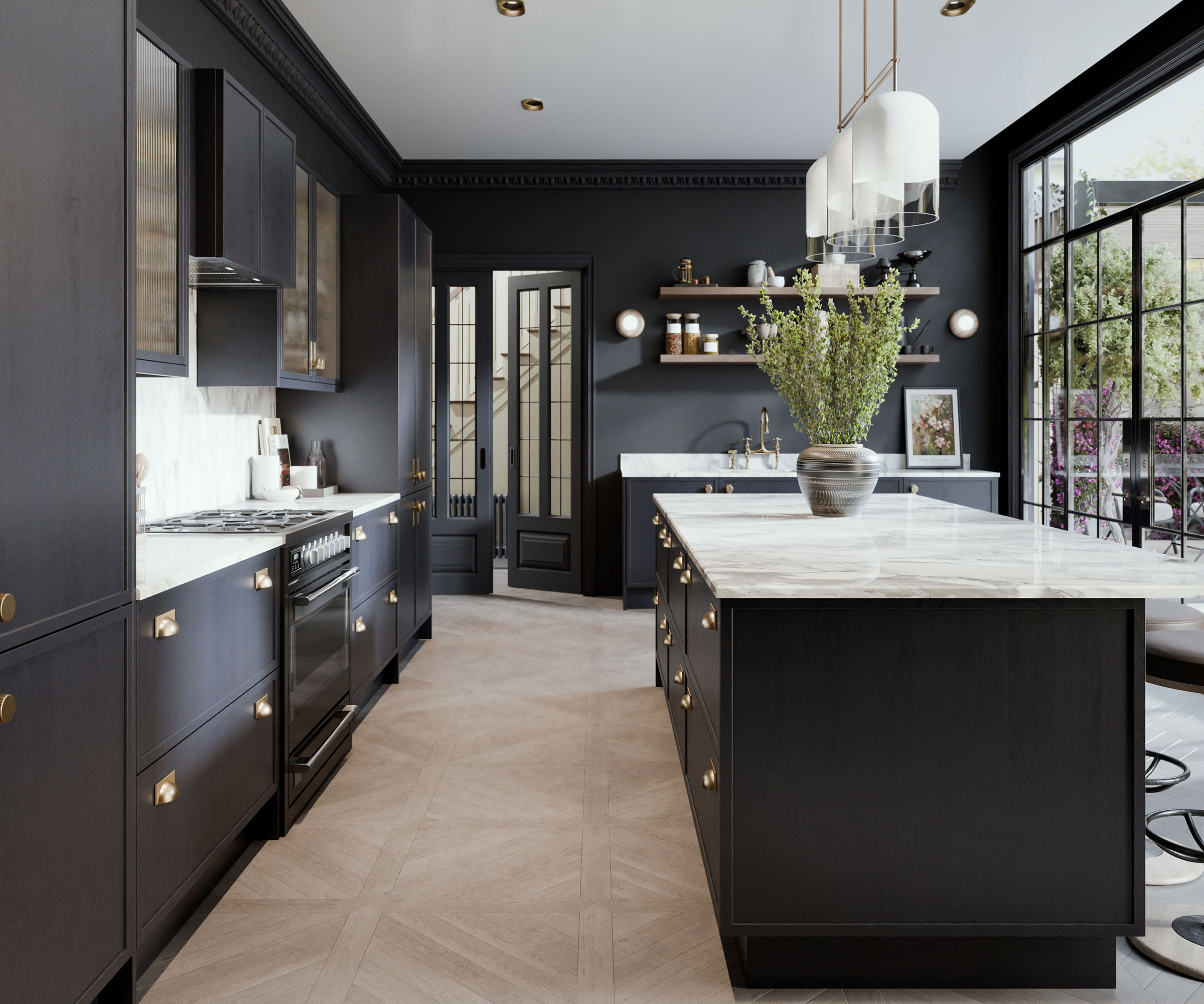 dark wood slim Shaker kitchen with marble worktops and brass cabinet hardware
