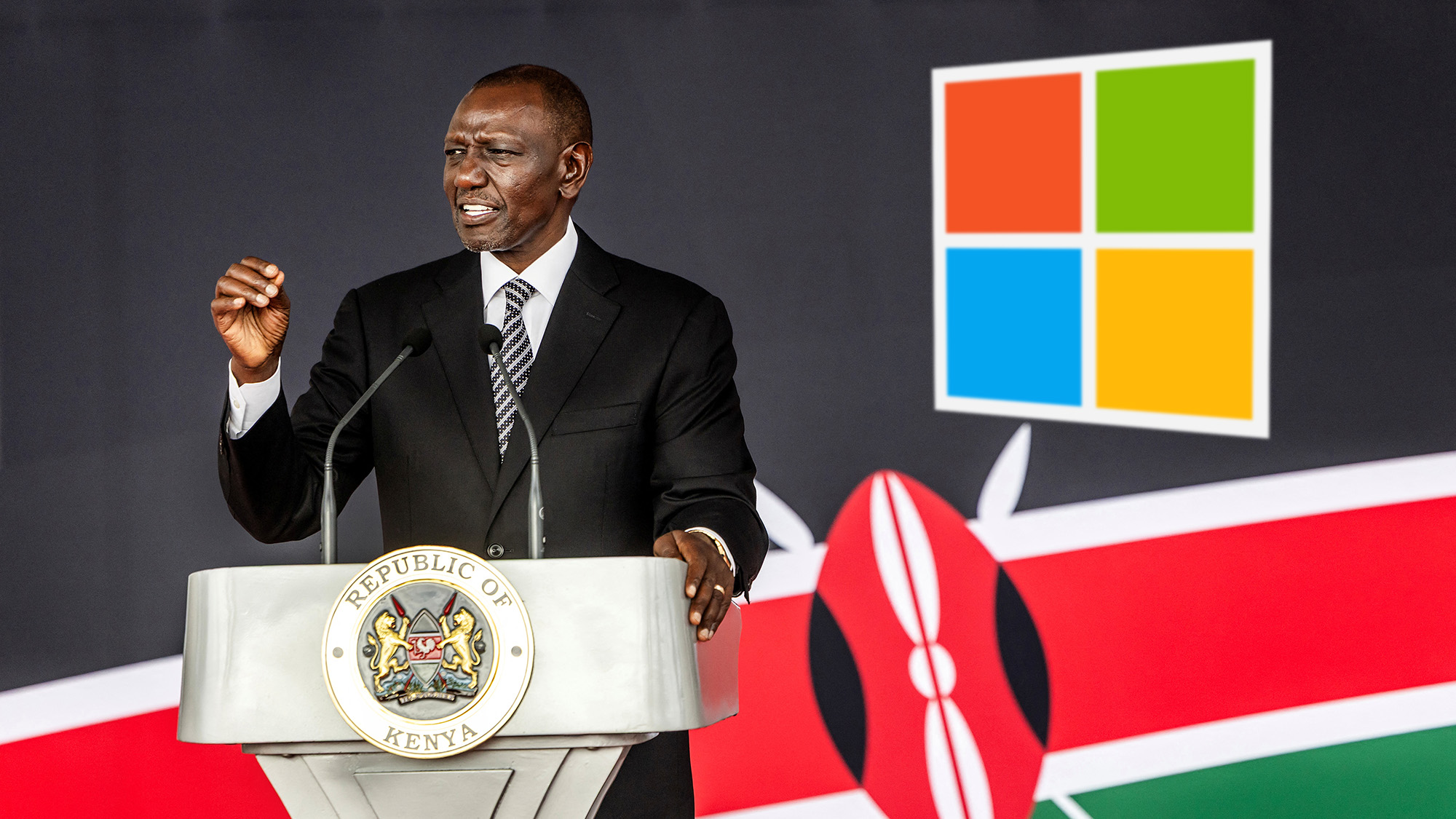 Kenya's President William Ruto delivers a speech at a podium with the Kenyan emblem. Behind him are the Kenyan flag and the Microsoft logo.