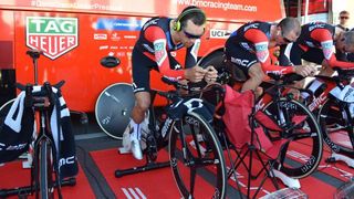 Richie Porte warms up alongside Simon Gerrans ahead of the stage