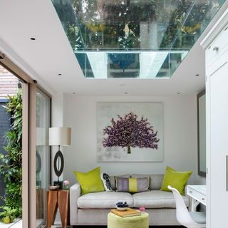 living room with glass ceiling and sofa