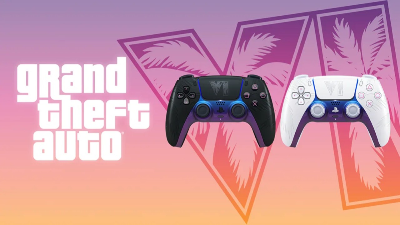 Black and white GTA 6 DualSense controllers on a purple and orange background