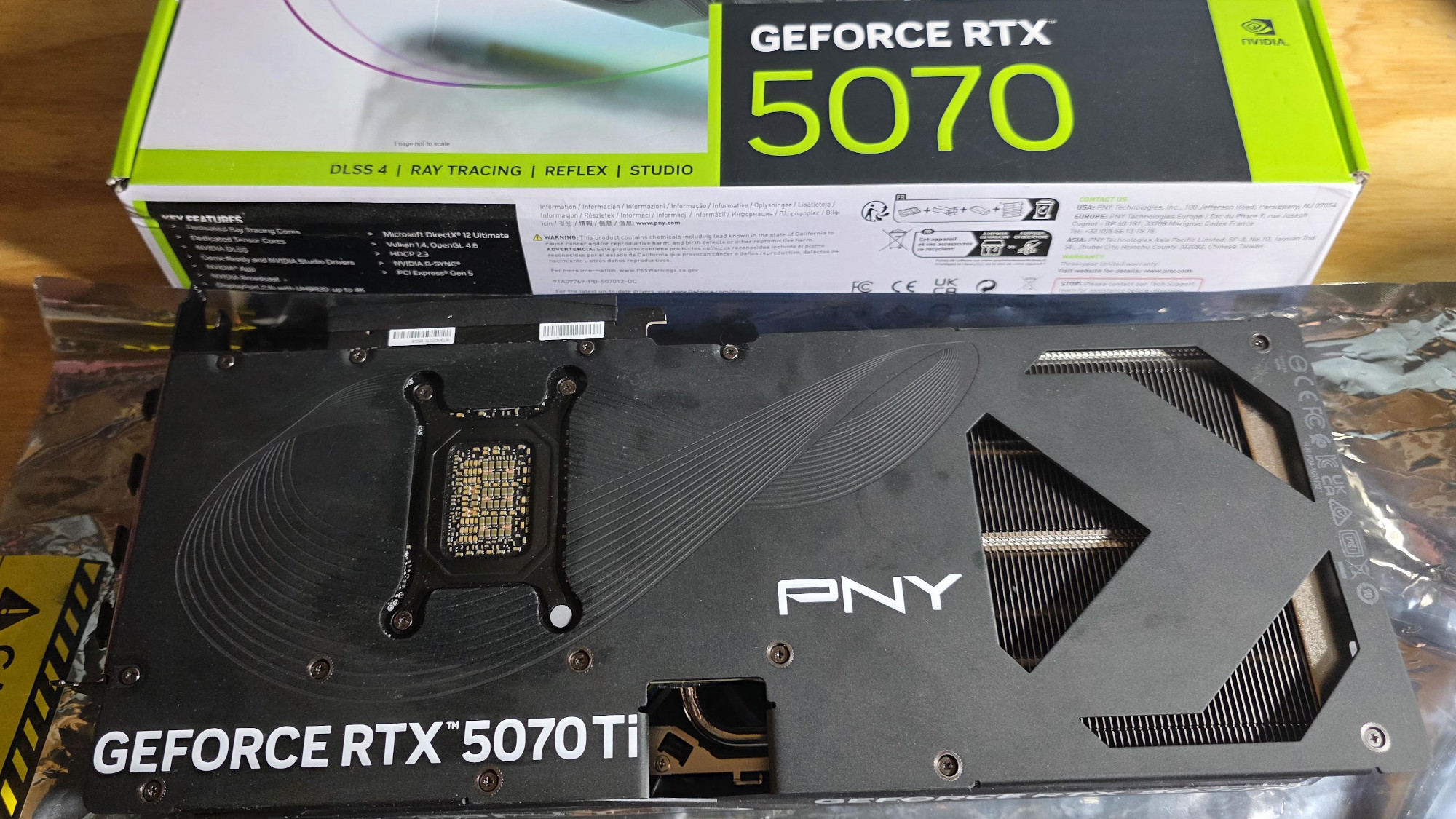 PNY RTX 5070 Ti graphics card return shown next to RTX 5070 box
