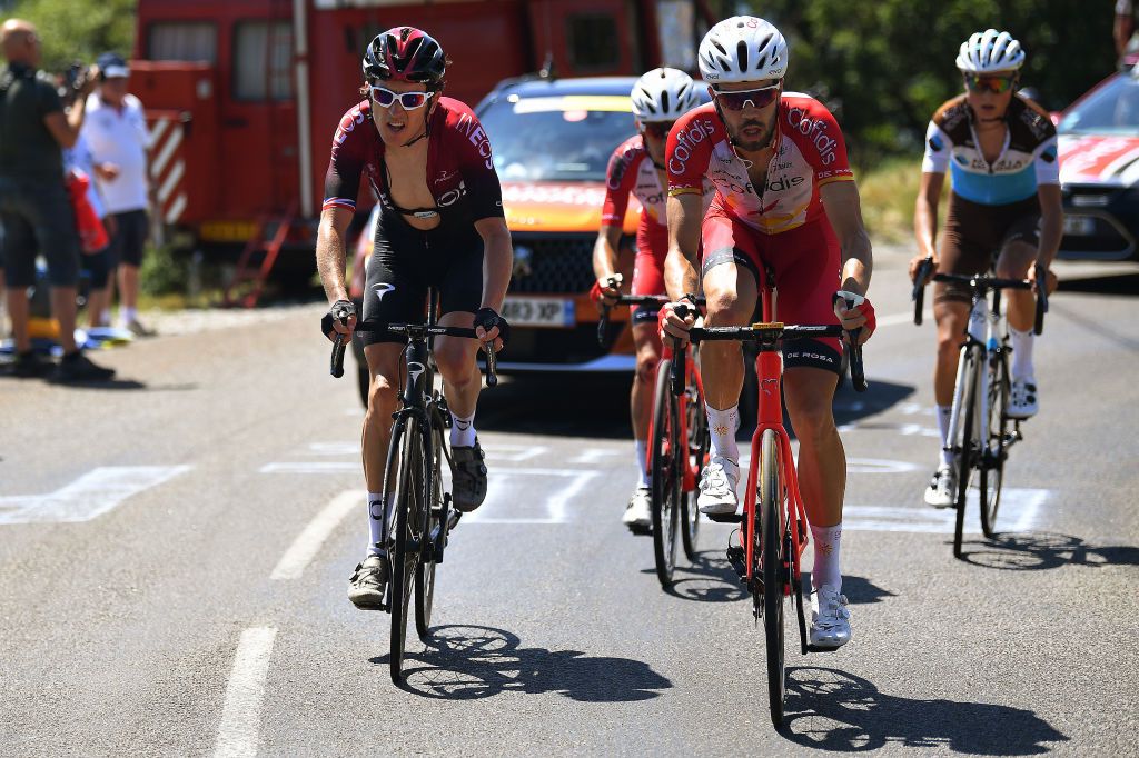 SAINTVULBAS FRANCE AUGUST 08 Geraint Thomas of The United Kingdom and Team INEOS Jess Herrada Lopez of Spain and Team Cofidis Solutions Crdits Jaakko Hnninen of Finland and Team Ag2R La Mondiale Breakaway during the 32nd Tour de LAin 2020 Stage 2 a 141km stage from Lagnieu to Llex MontsJura 896m tourdelain TOURDELAIN TDA on August 08 2020 in SaintVulbas France Photo by Justin SetterfieldGetty Images