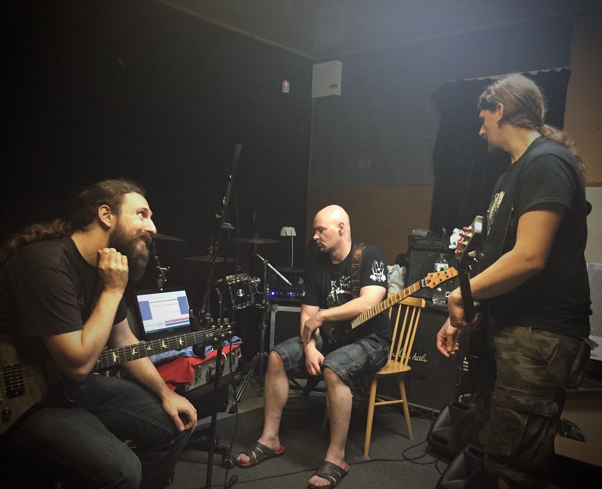 Guitarists Richard, Ashok and bassist Daniel Firth in the studio