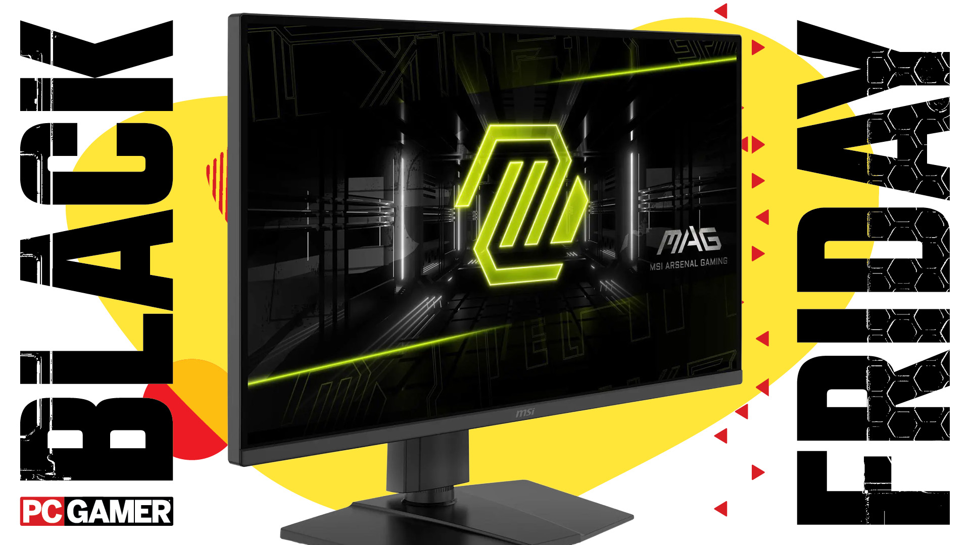 MSI gaming monitor on a yellow background with the words Black Friday on the side