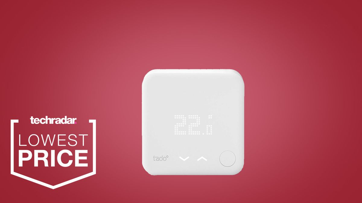 The Tado smart thermostat V3 on a red background with a white lowest price badge to the left of it