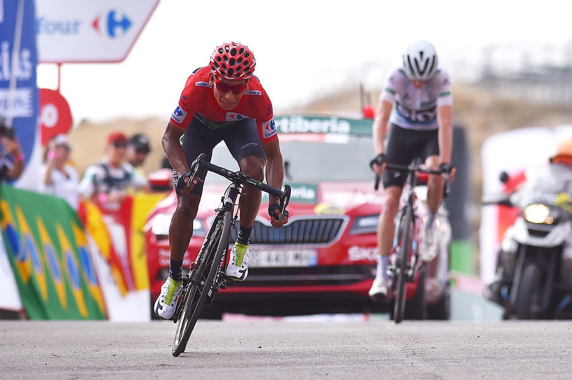 Nairo Quintana (Movistar) leaps away on the Alto de Aitano