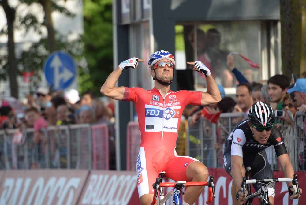 Nacer Bouhanni with a typically Nacer Bouhanni celebration at the 2014 Giro, where he was the dominant sprinter with three wins