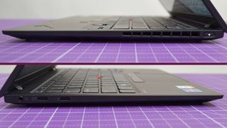 A Lenovo ThinkPad X1 Nano Gen 3 on a desk with a purple desk mat