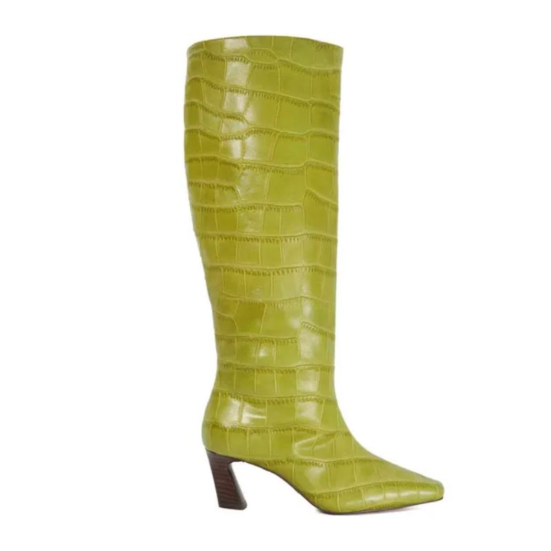 green croc-embossed knee high boots