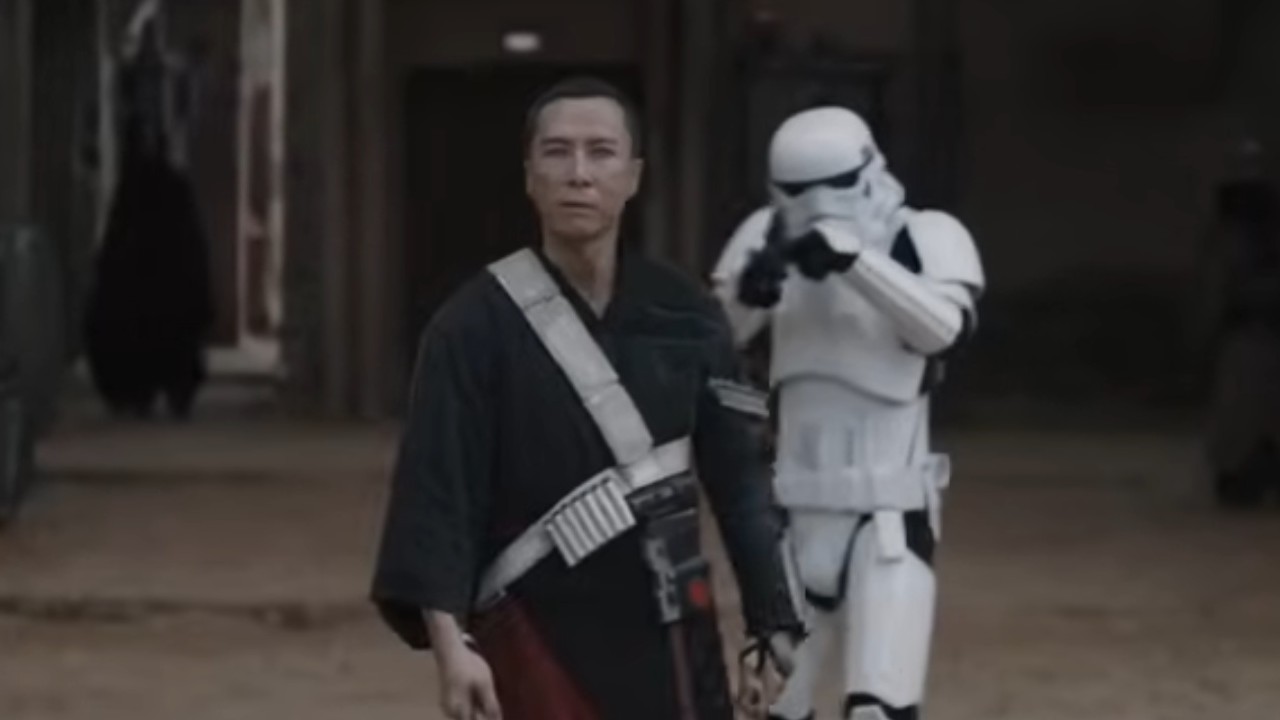 Donnie Yen with a Stormtrooper behind him in Rogue One: A Star Wars Story