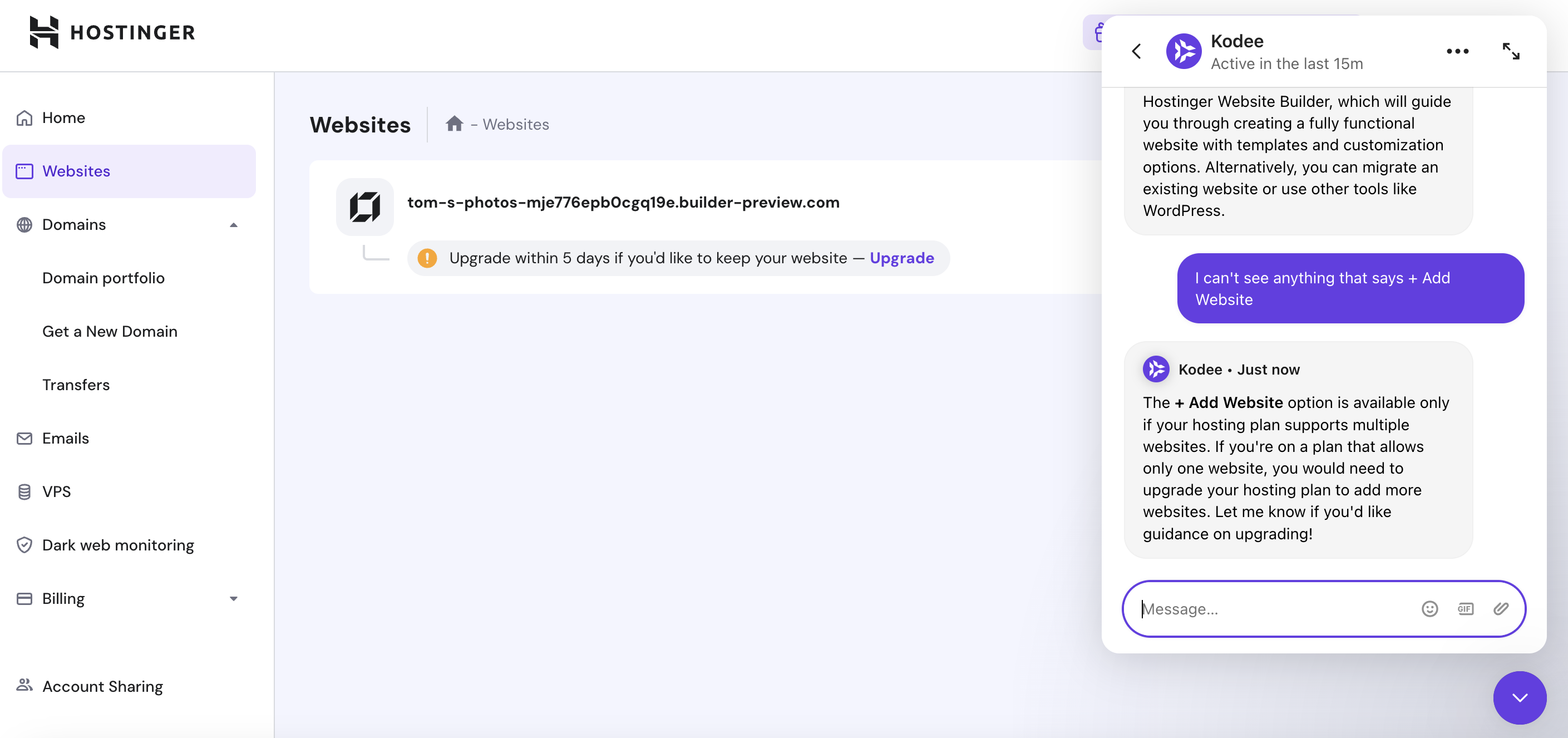 Screengrab of Help and Support page for Hostinger