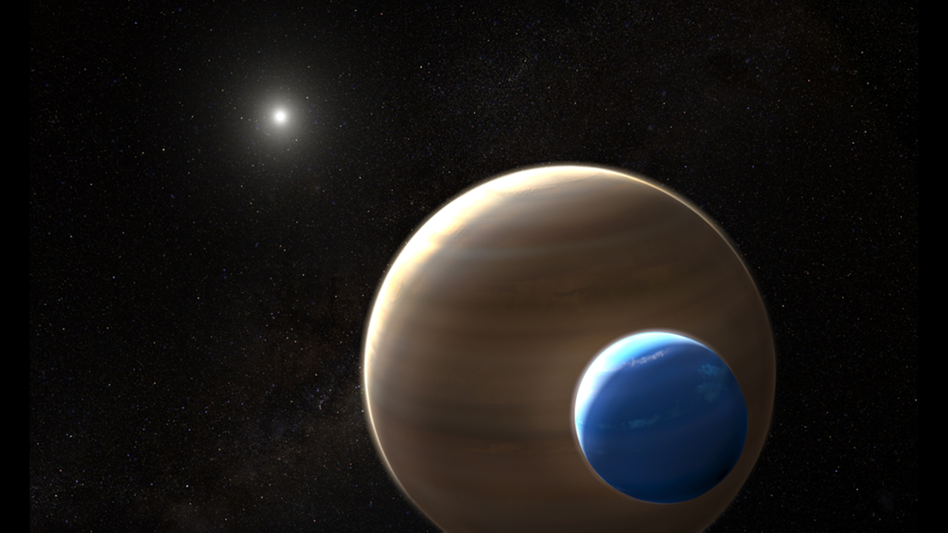 An artist's illustration of an exomoon around an exoplanet.