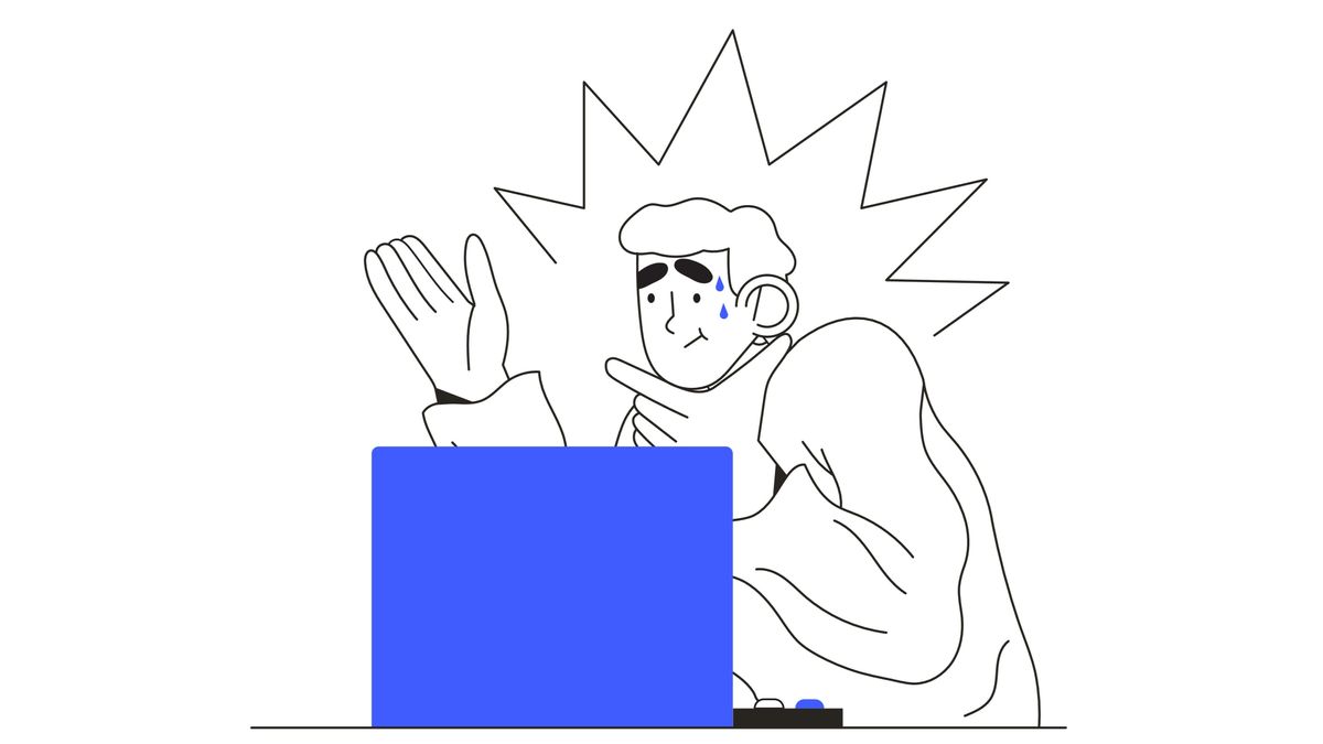 A stylized illustration of a man looking anxious in front of a laptop.