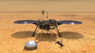Graphic illustration of the InSight lander on the dusty red surface of Mars.