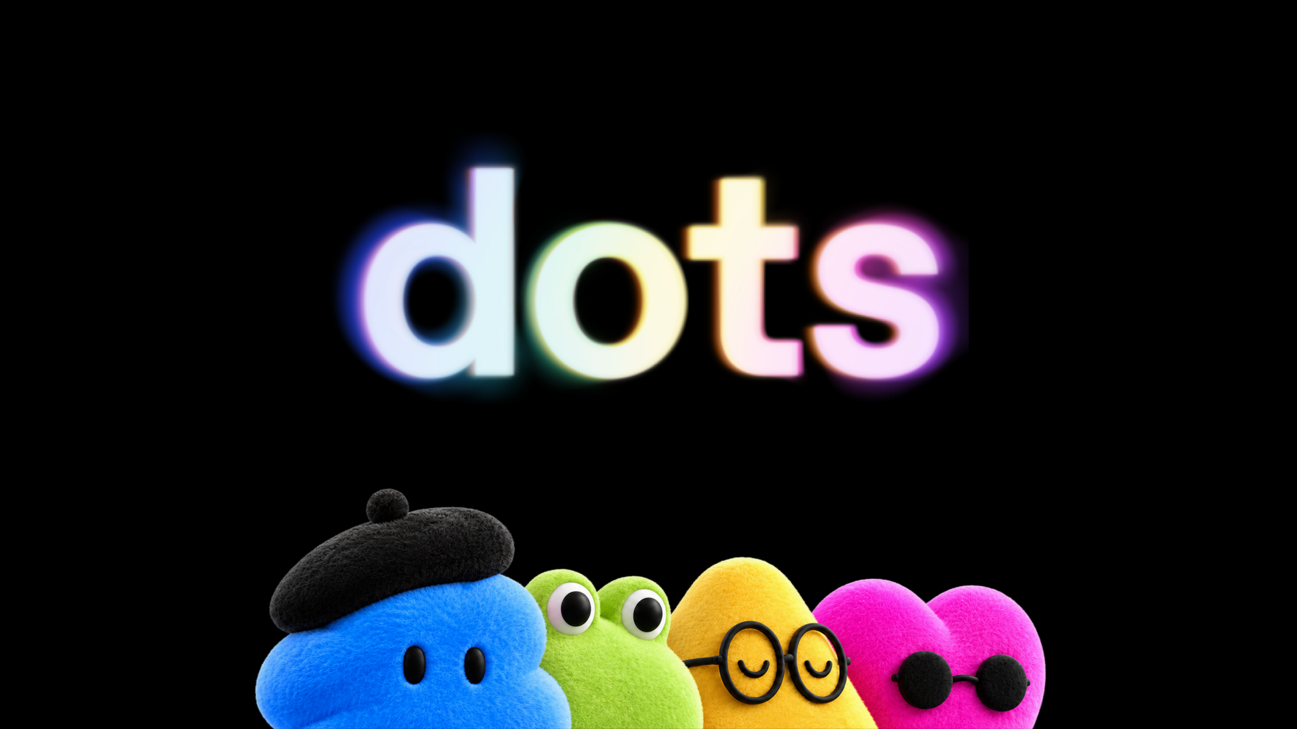 OpenAI's dots wordmark in glowing multicolor letters above four plush dot characters, on a black background