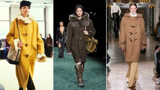 Models wearing duffle coats at Altuzarra, Burberry, and Victoria Beckham's Fall 2024 shows.