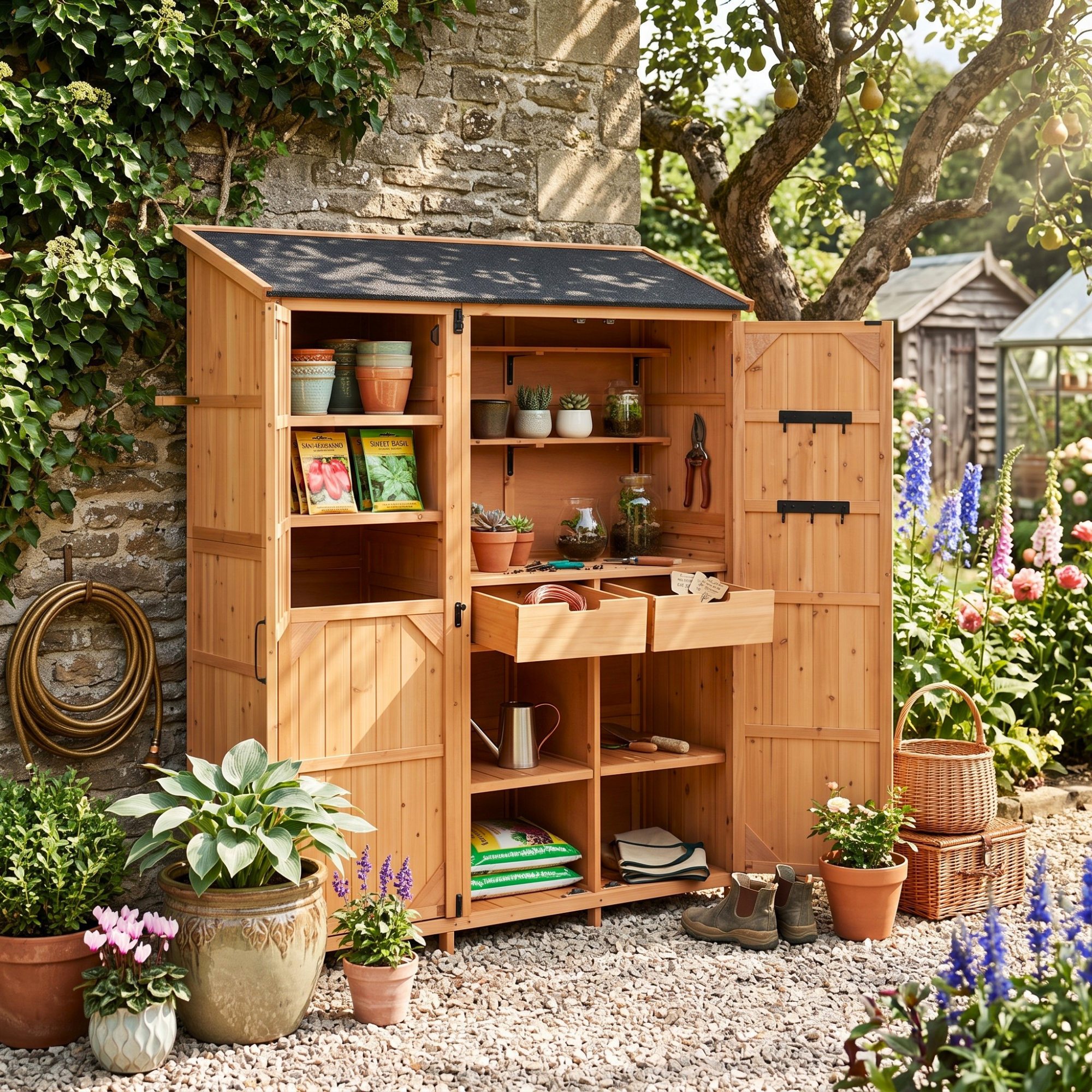 garden cabinet used instead of a shed in a garden to store gardening tools