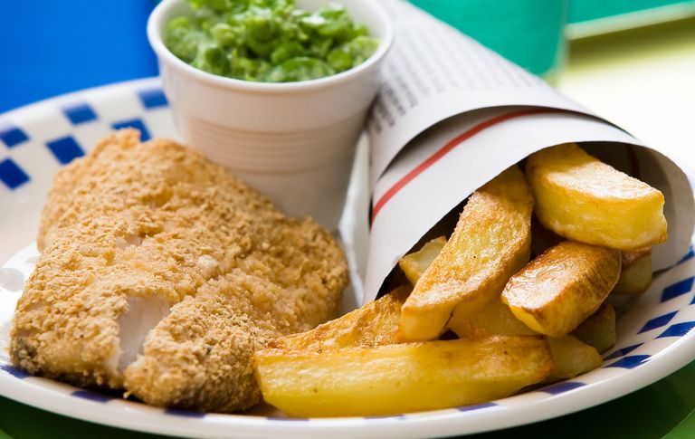 Low-fat fish, chips and mushy peas