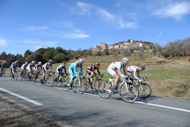 Slovenian road champion Borut Bozic (Astana) at the front of the 11-man break.