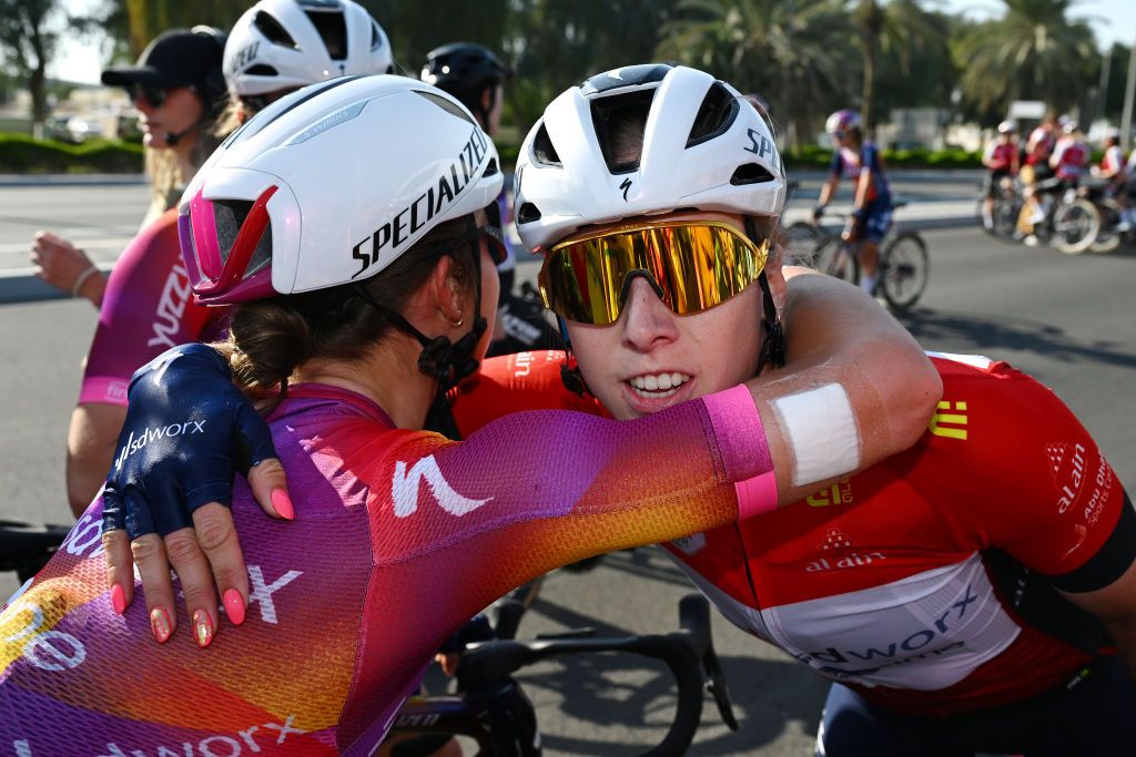 MADINAT ZAYED UNITED ARAB EMIRATES FEBRUARY 09 Stage winner Lorena Wiebes of The Netherlands and Team SD WorxProtime Red leader Jersey reacts after the 2nd UAE Tour 2024 Stage 2 a 113km stage Al Mirfa Bab Al Nojoum to Madinat Zayed UCIWWT on February 09 2024 in Madinat Zayed United Arab Emirates Photo by Dario BelingheriGetty Images