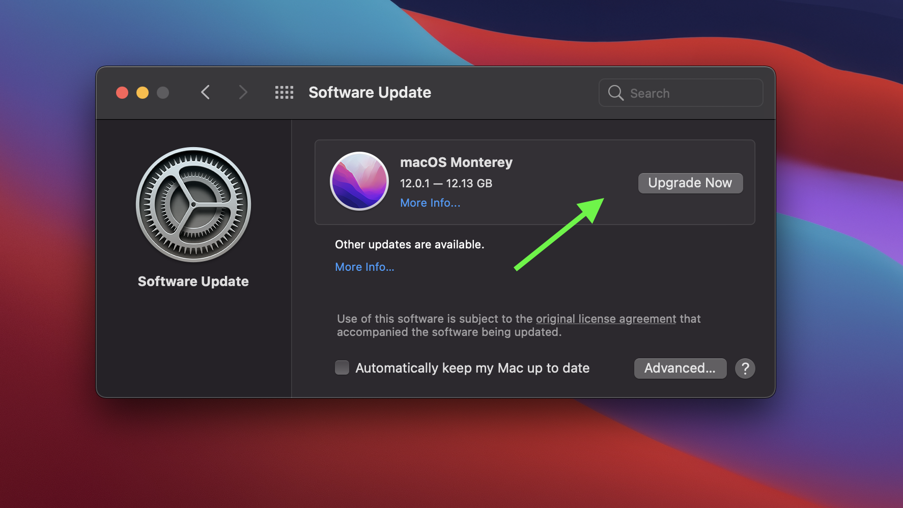 MacOS Monterey install final step, highlighting the button to press to install MacOS Monterey