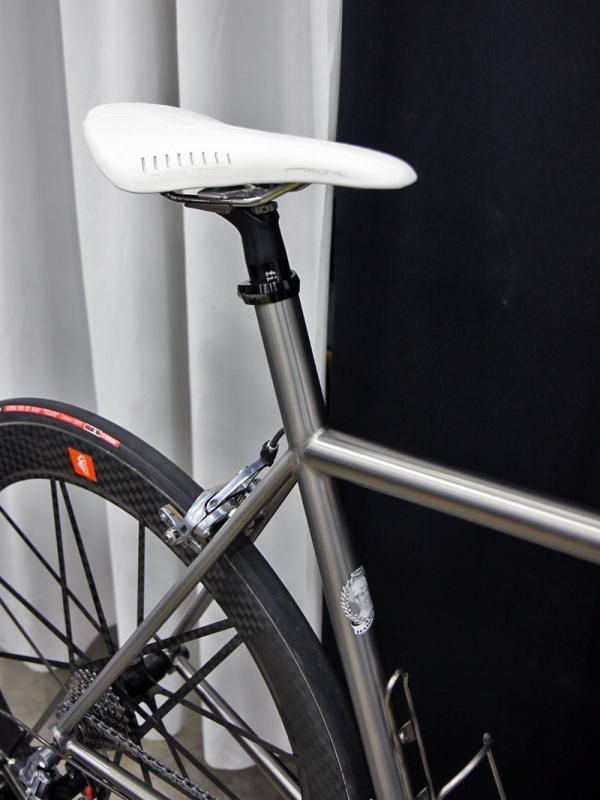 The extended seat tube on this Hampsten titanium frame adds an interesting look.