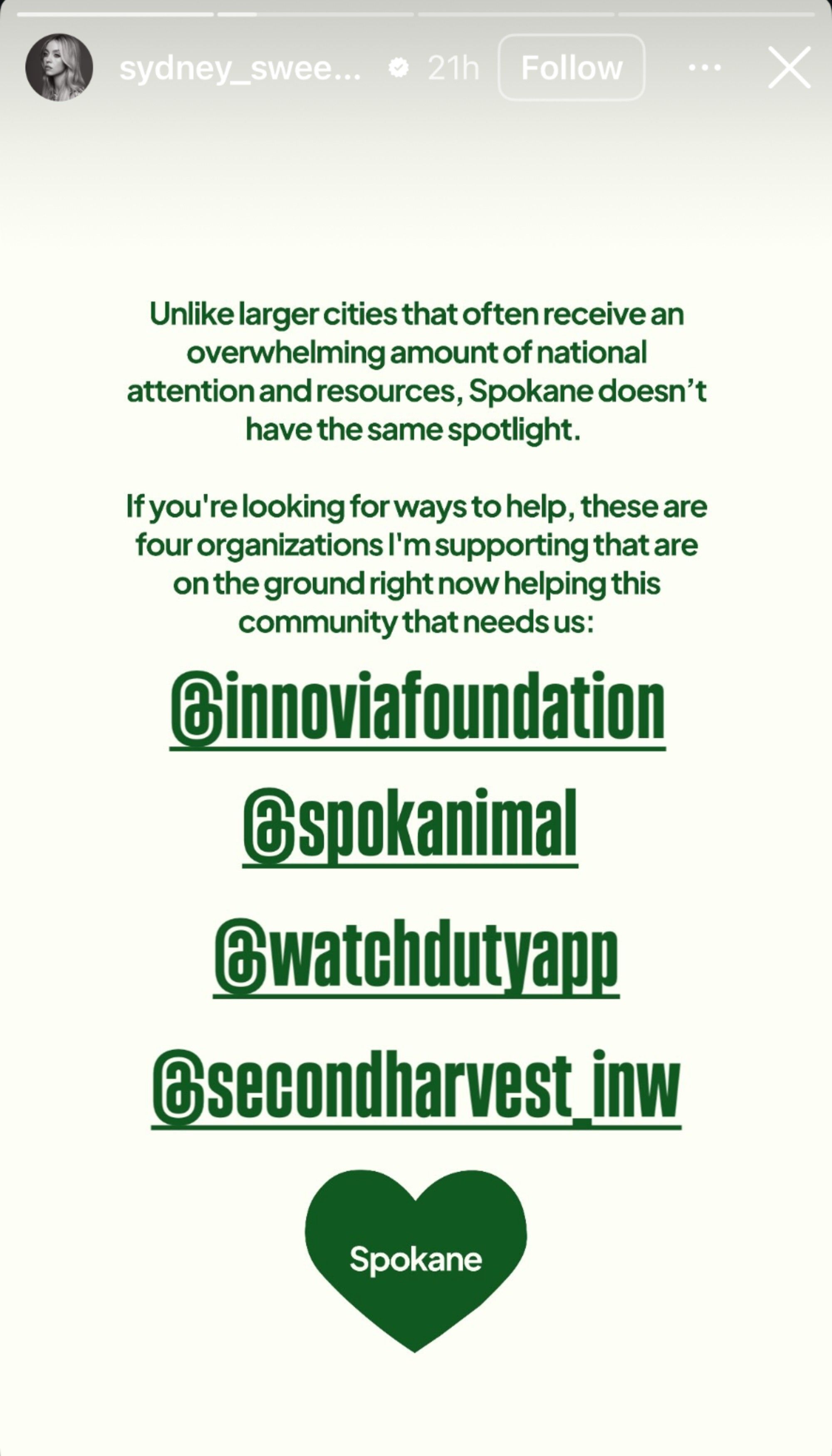 A statement from Sydney Sweeney about the Spokane Wildfires and resources people can use/donate to.