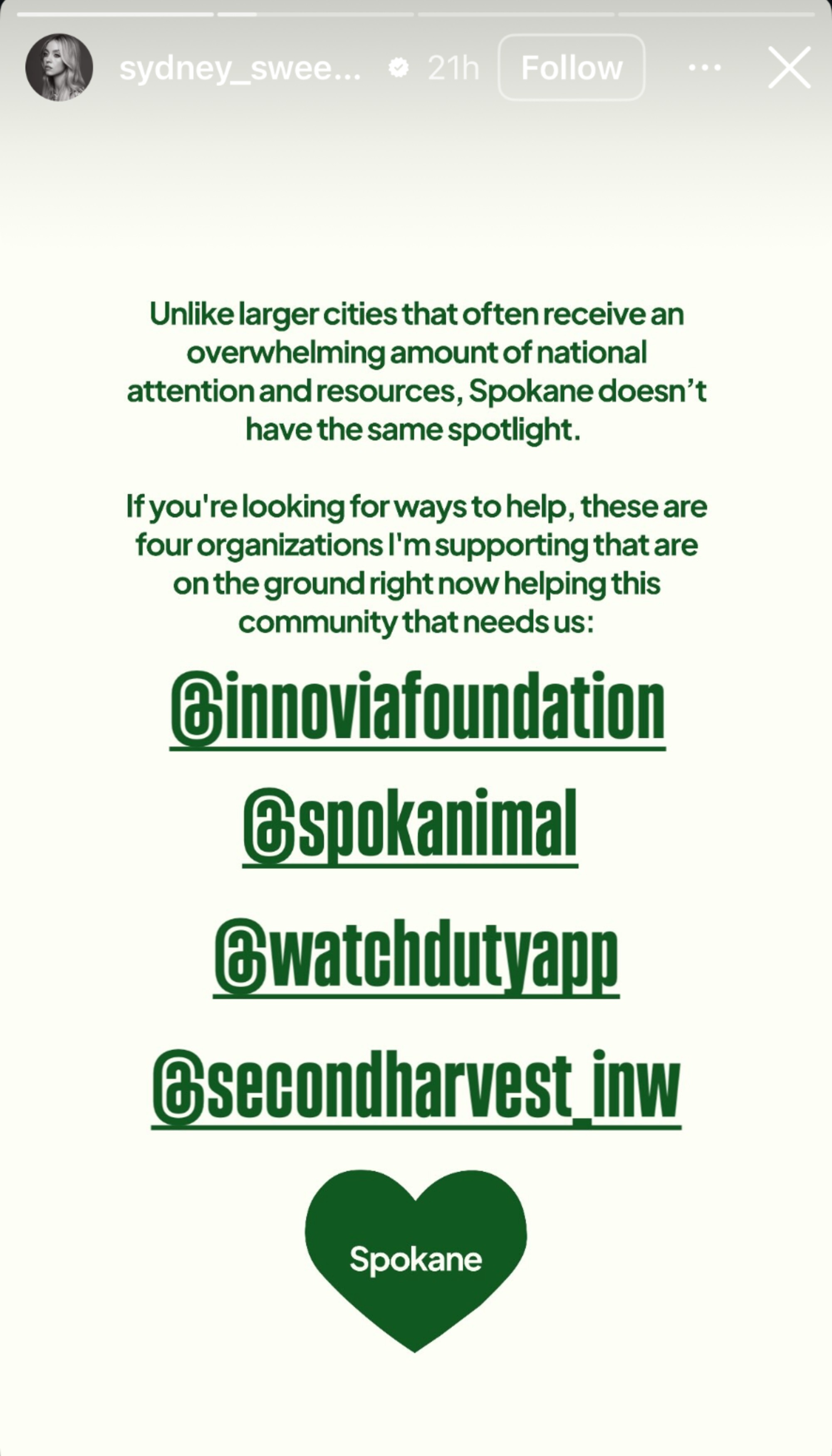 A statement from Sydney Sweeney about the Spokane Wildfires and resources people can use/donate to.