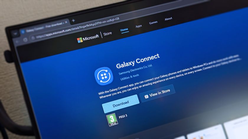 Samsung Galaxy Connect app shown on the Microsoft Store, displayed on a computer monitor