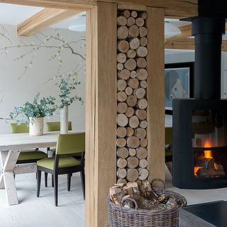 kitchen with wooden log wall