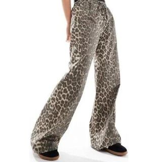 cotton poplin wide leg trousers in leopard print