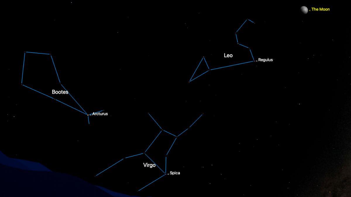 A simulation of the night sky for March 28 showing the stars of the constellations Leo, Bootes and Birgo connected by blue lines in a black sky.